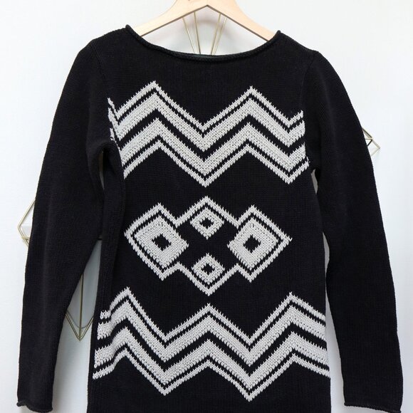 90s Knit Black Sweater w/ Geometric Zigzag Diamond Pattern by Ralph Lauren - Picture 6 of 7